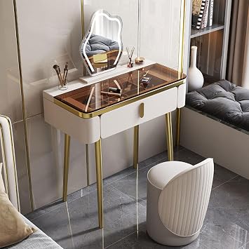 Dressing Table LED Lights with Adjustable Brightness Makeup Vanity Desk with Mirror and Drawers Vanity Desk with Drawers Makeup Table Bedroom with Soft Cushioned Stool Glass Top Make Up Vanity