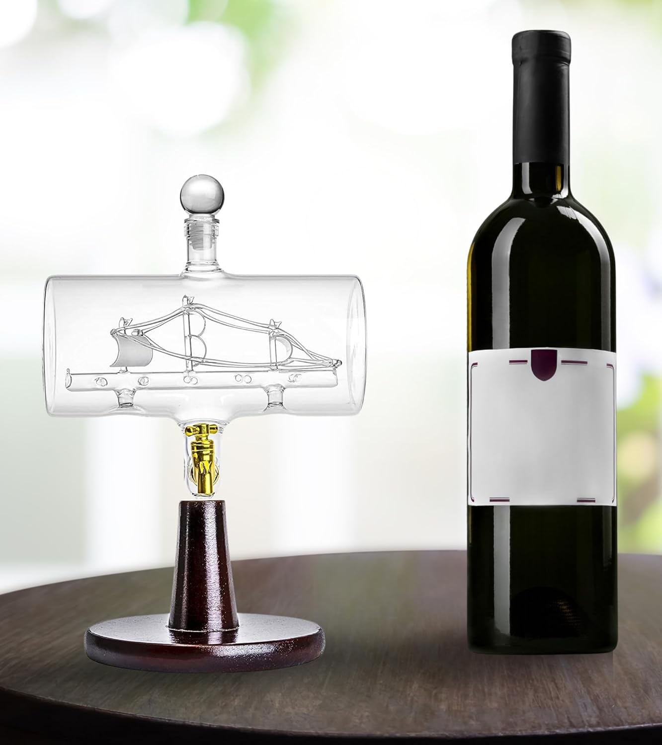 'Magellan' Whiskey Decanter 38 Ounce - Large Handmade Liquor Dispenser with Ship Inside, Wooden Stand and Bar Funnel