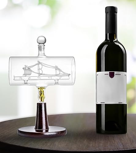 Miniatura 5 de Decantador grande de 40 onzas con dispensador de whisky hecho a mano con barco en el interior, soporte de madera y embudo de barra