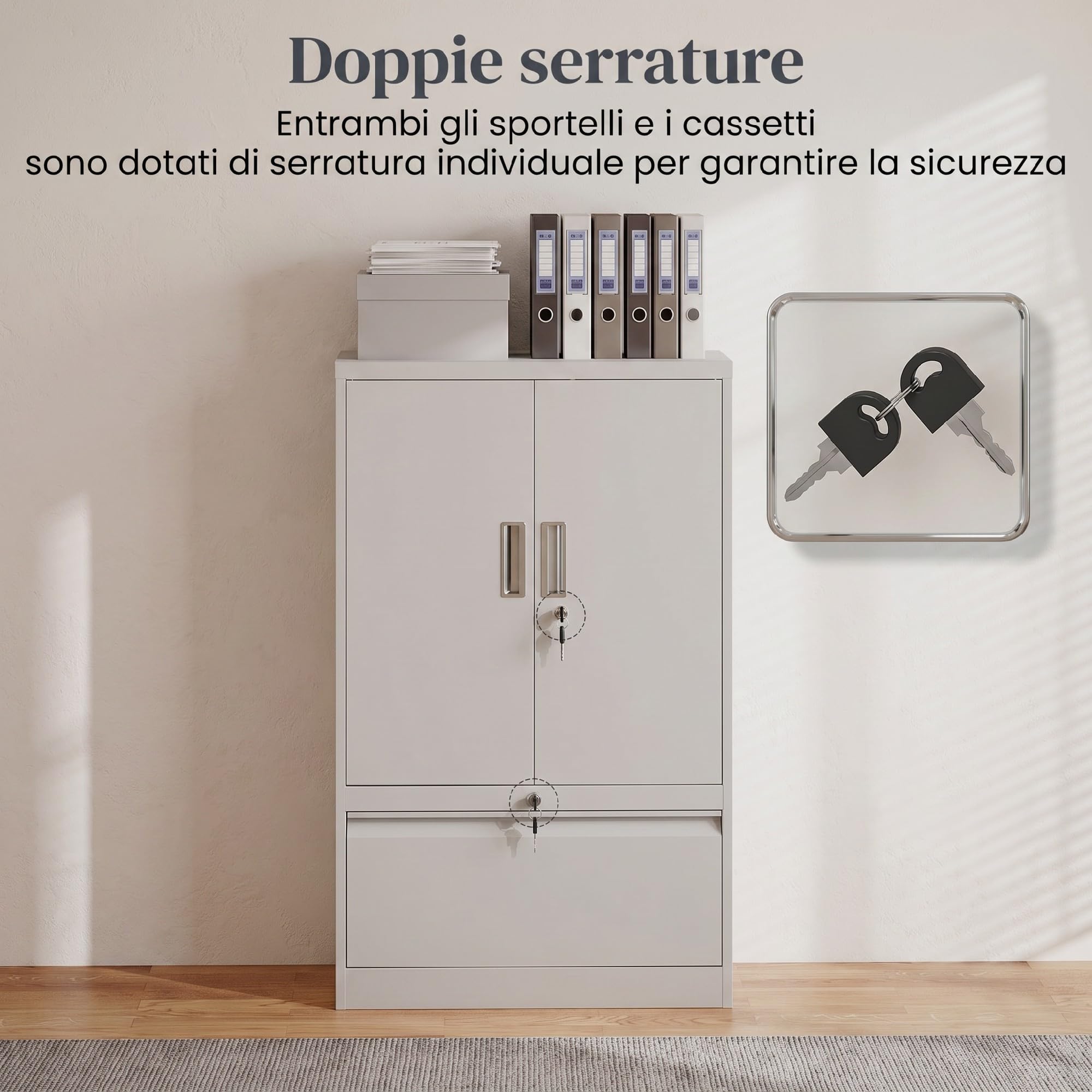 HOMCOM Armadio Portadocumenti 2 Ante in Acciaio con Serratura Bianco | Schedario da Ufficio, Ripiani Regolabili, Cassetto per Formato Lettera/Legale/A4, Mobiletto Multiuso per Studio
