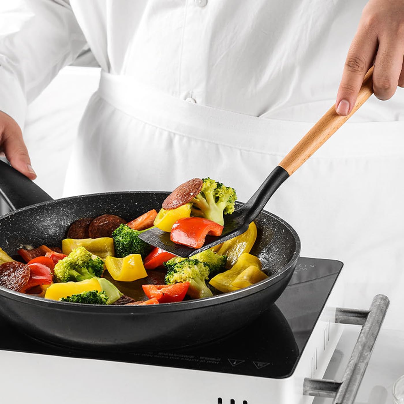 Juego de utensilios de cocina de silicona morada, 13 herramientas de cocina con mango de madera, soporte para utensilios y tapa de olla, espátula de silicona antiadherente, pinzas, batidor.