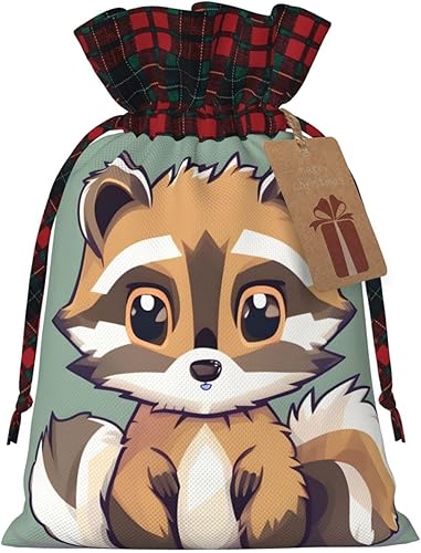 ZISHAK Bolsa de regalo con cordón de arpillera de empalme de mapache de dibujos animados una bolsa de regalo de arpillera de Navidad reutilizable