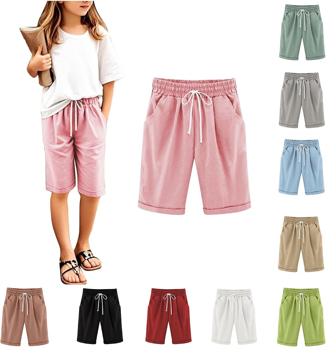 Girls Bermuda Shorts Casual Knee Length Straight Leg Short Pants Kids Cute Plain Drawstring Elastic Waist Capri Trousers