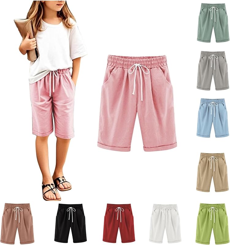 Girls Bermuda Shorts Casual Knee Length Straight Leg Short Pants Kids Cute Plain Drawstring Elastic Waist Capri Trousers