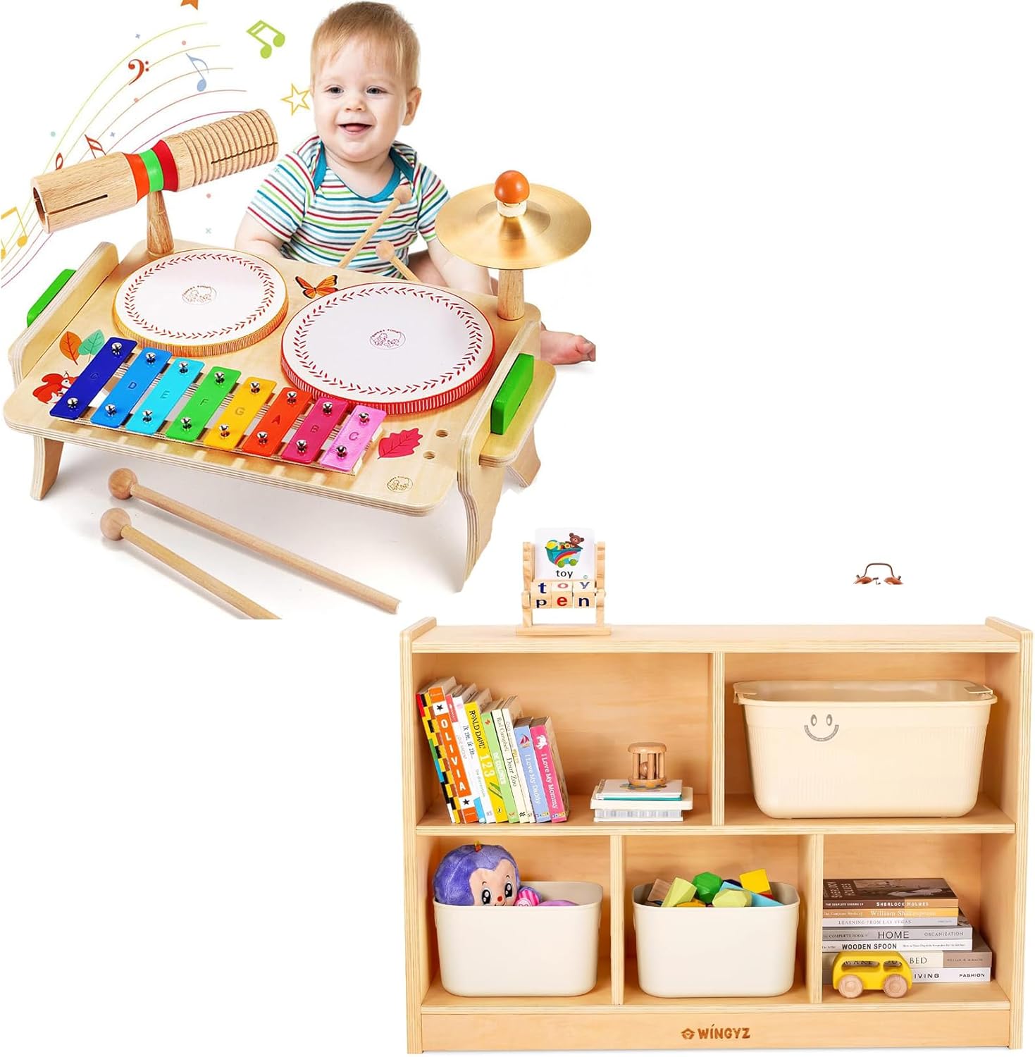 Wingyz Kids Drum Set for Toddlers + 5-Section Wood Storage Shelf Organizer 35.4" L for Kids