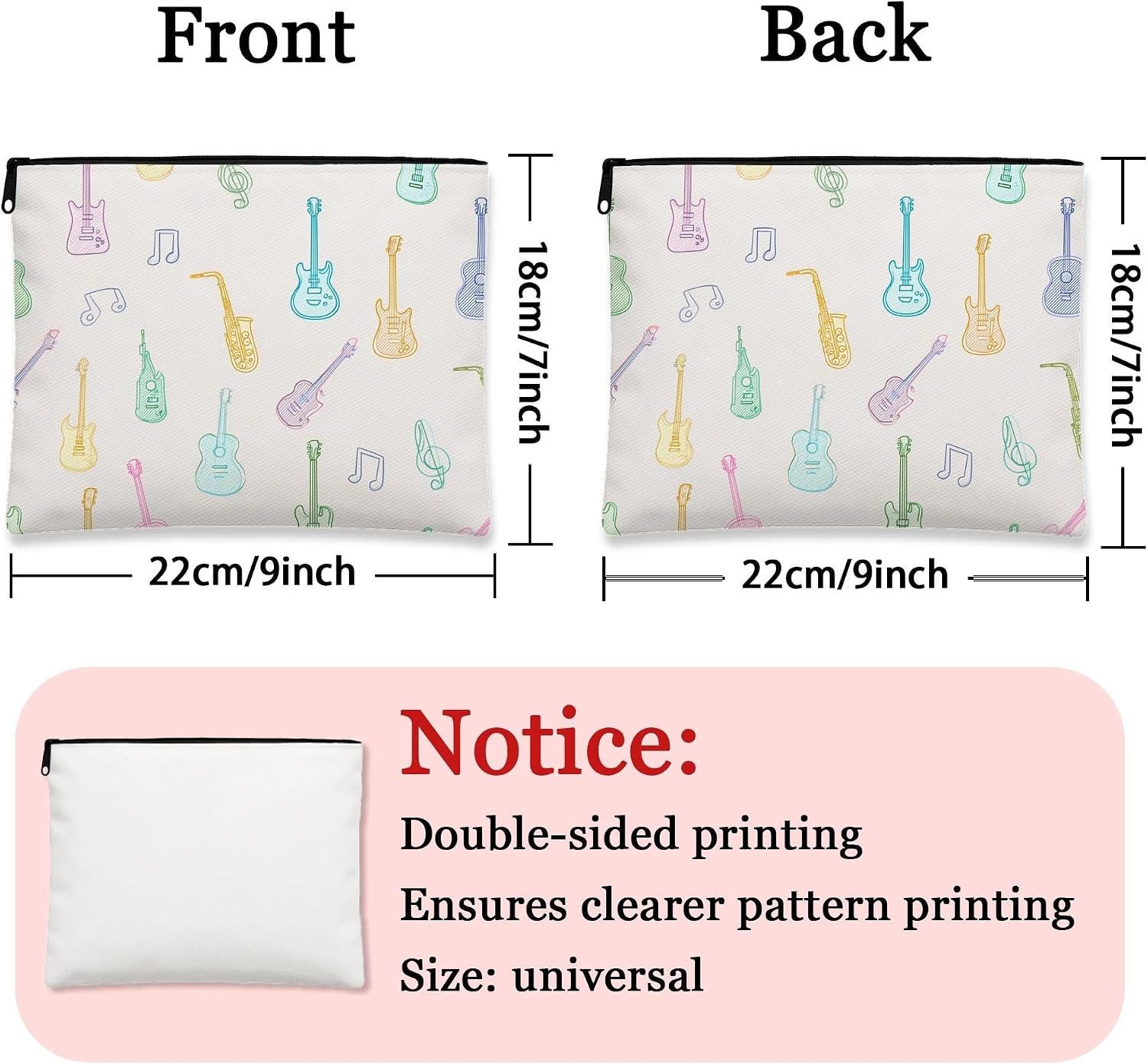 Colorful Music Notes Makeup Bag, Rainbow Musical Instruments Travel Cosmetic Pouch for Women, Portable Canvas Zipper Organizer, Gift for Music Lovers 7x9 Inch image 4