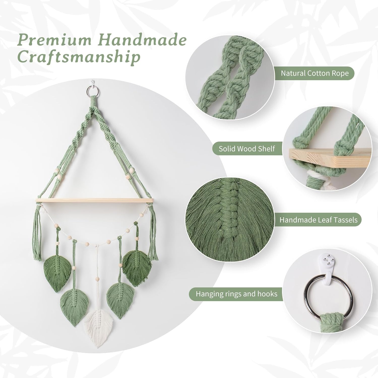 Boho Macrame Wall Hanging Shelf with Green Leaves, Natural Wood Floating Shelf for Wall Decor, Hanging Plant Shelf for Bedroom Living Room Nursery, Display Rack for Books Photos Candles