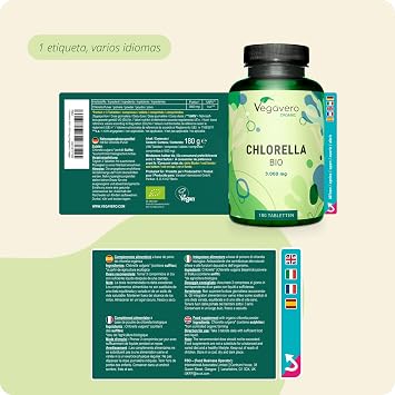 Chlorella BIO Vegavero | 3000 mg Dosis Diaria | Sin Aditivos & Orgánica | 180 Comprimidos | Vegano | Chlorela Vulgaris Ecológica