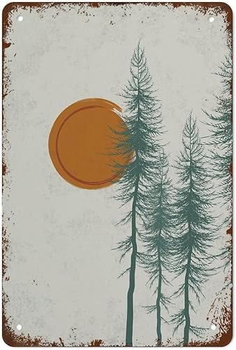 Divertido letrero de metal retro con diseño de sol y luna, paisaje de sol y luna, arte de pared minimalista moderno de mediados de siglo,