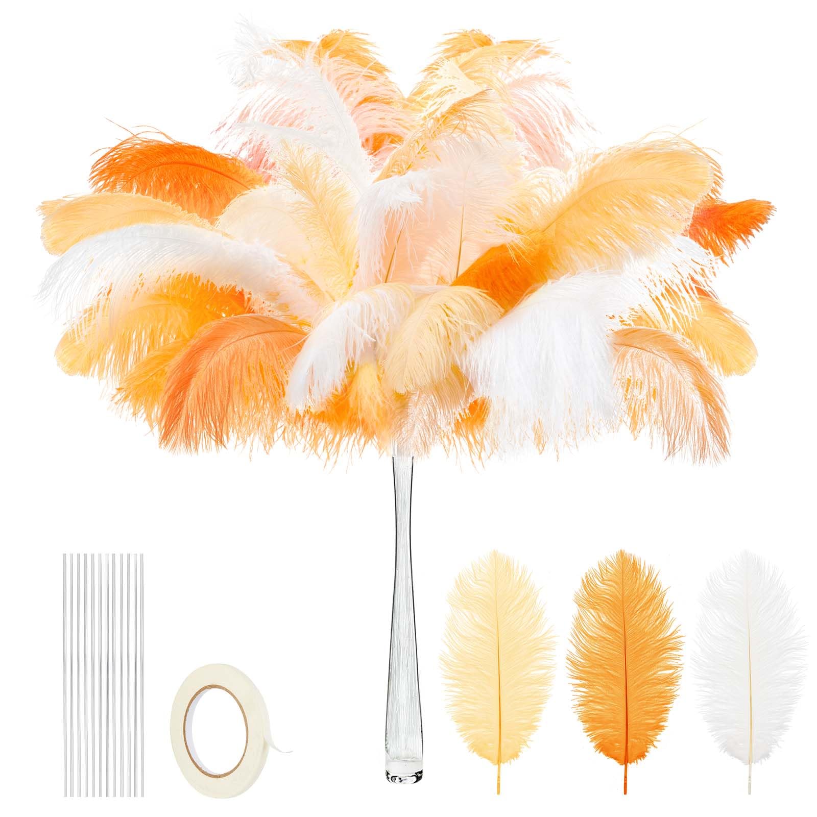 Juexica 80 Set Natural Ostrich Feathers Bulk with Iron Wire for Centerpieces Boho Large 10 to 12 Inch Feathers for Vase Wedding Party Floral Arrangement Home Decorations (Peach Pink, Orange, Yellow)