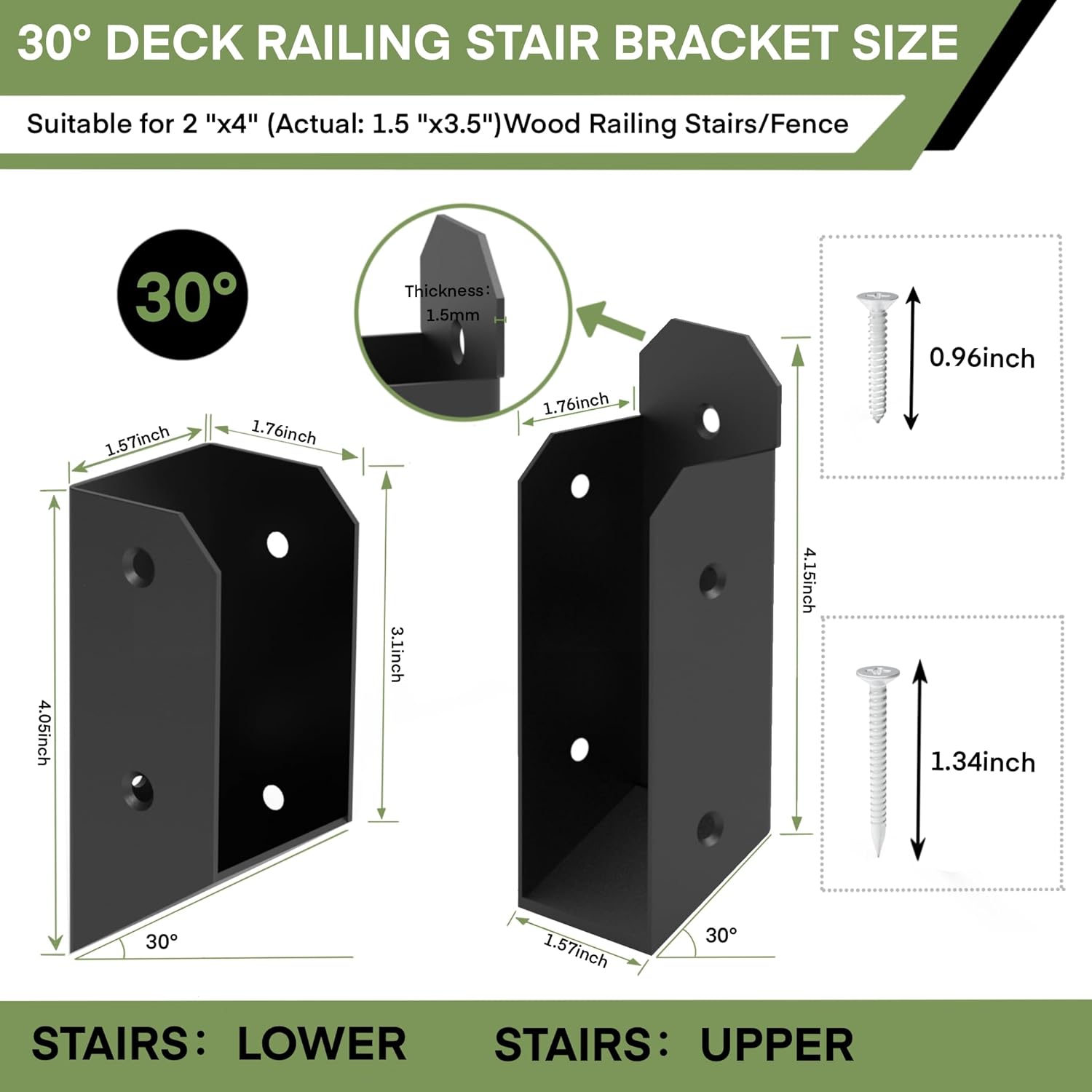 2 Pair 30°Stairs Railing Stainless Steel Deck Bracket Connector for 2"X4" (Actual 1.5"X3.5") Railing Wood Posts for Deck Handrails,Railing Stairs,Fences