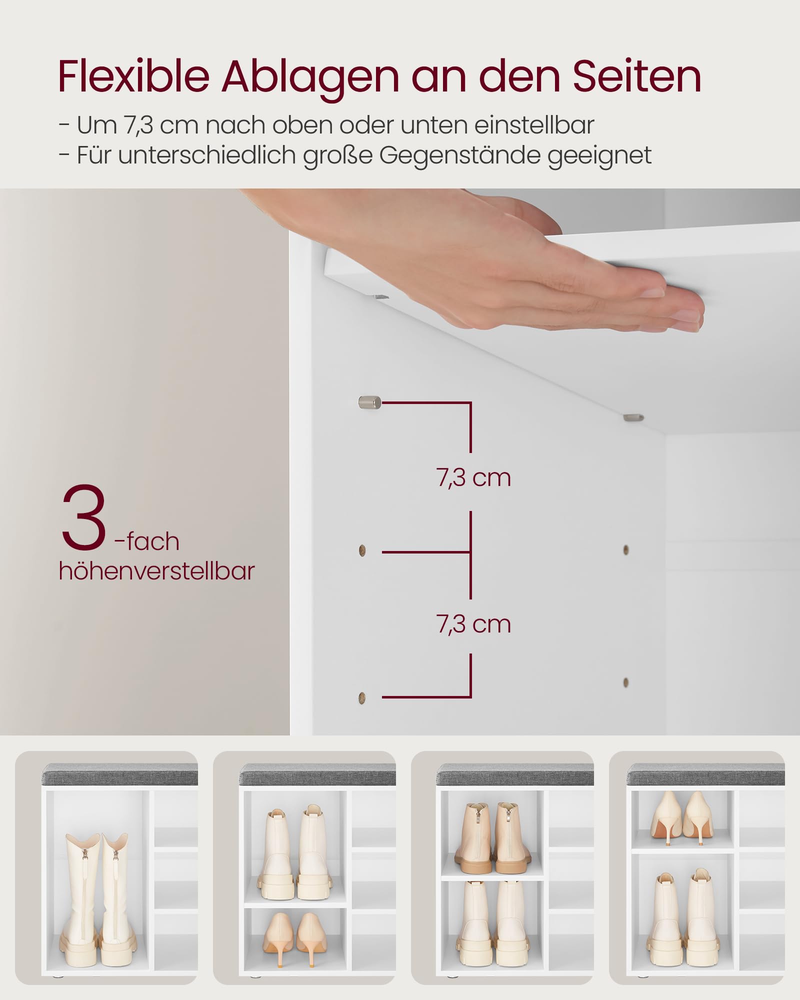 VASAGLE Custos Kollektion Schuhbank mit Sitzfläche, gepolstert, 10 Fächer, verstellbare Ablagen, 30 x 104 x 48 cm, weiß-grau LHS10WT