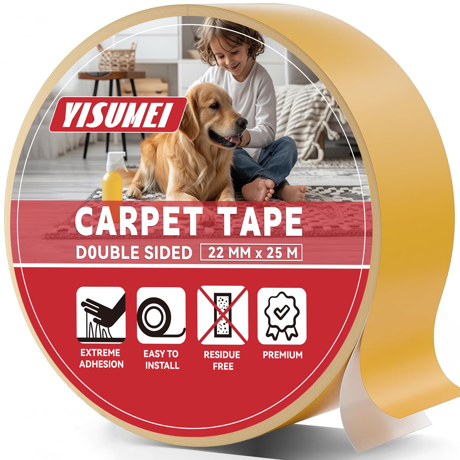 YISUMEI Nastro biadesivo extra forte, per moquette, per pavimenti, facile da usare e senza residui, 22 mm x 25 m