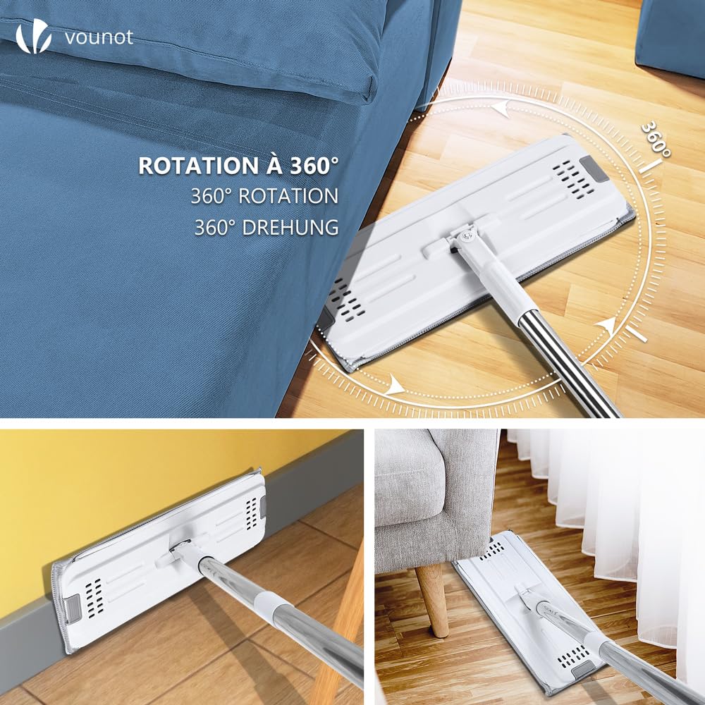 VOUNOT Bodenwischer, Wischmopp Set mit Eimer zum Auswringfunktion, Flacher Mikrofaser & Putzset mit Edelstahlgriff, 6 Wiederverwendbare Wischmop Ersatzbezüge, alle Arten von Böden Weiß
