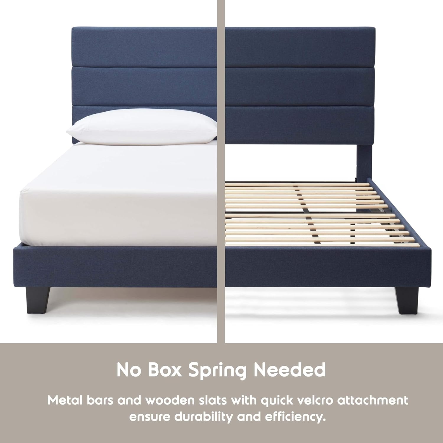 Hearth & Harbor King Bed Frame and Headboard – Linen Horizontal Channel Upholstered King Size Bed Frame, Platform Bed Frame King, Modern Bedframe with Wooden Slats, No Box Spring Needed, Navy