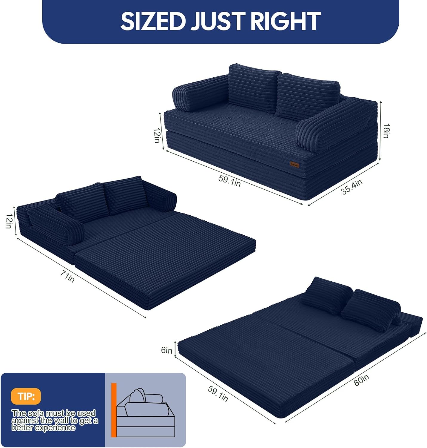 MeMoreCool Convertible Sofa Bed, Folding Floor Couch Bed Queen, Pull Out Sleeper Couch with Pillows, Fold Out Futon Sofa for Bedroom Living Room Small Space, Corduroy Navy