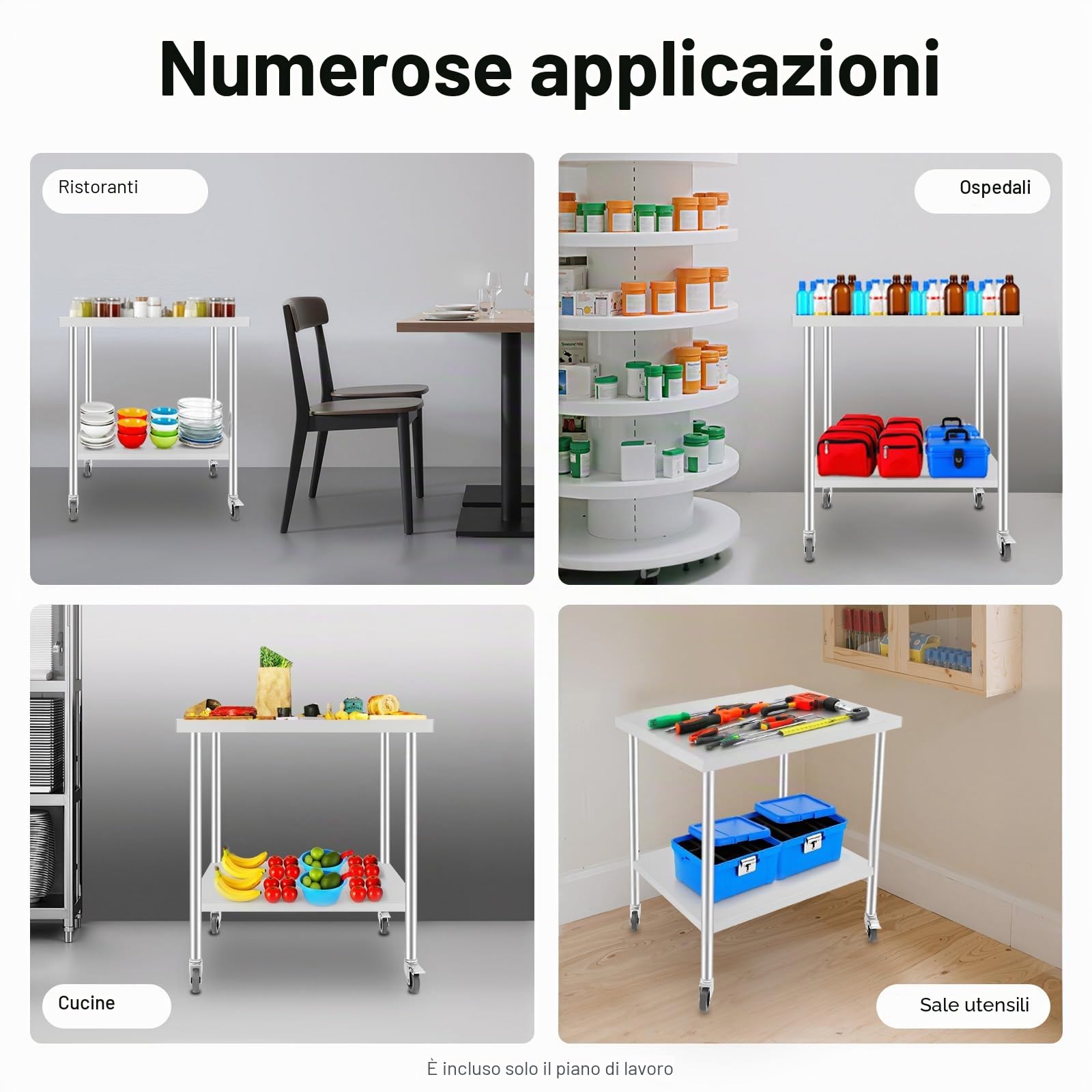 Tavolo da lavoro in acciaio inox, 70 x 60 x 85 cm, mobile da lavoro con 4 ruote universali con ruote, in acciaio inox, da cucina, da ristorante, da lavoro