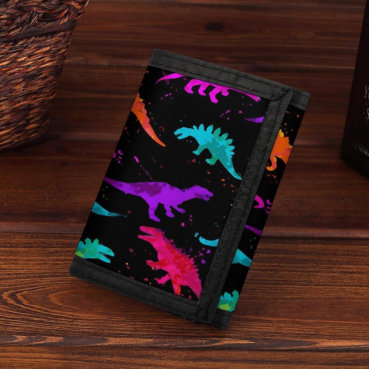 Colorful Neon Dinosaurs Trifold Slim Wallet Front Pocket With Money Clip And ID Credit Card Slots For Travel Work