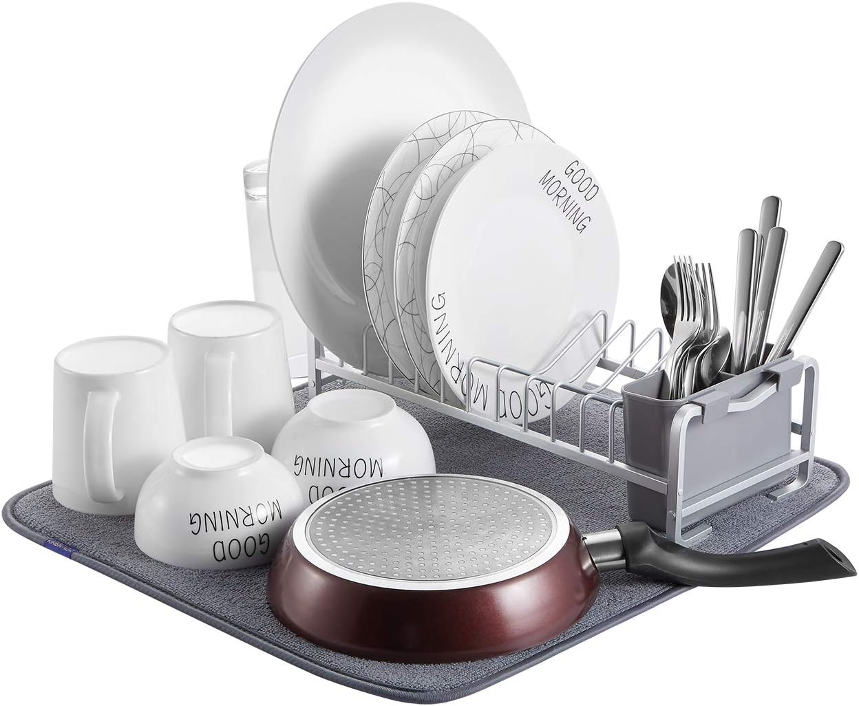 KINGRACK Aluminum Compact Dish Drying Rack,Simple Kitchen Dishes Drying Rack with Microfiber Mat for Kitchen Counter-Drain and Dry Wine Glasses,Bowls and Dishes