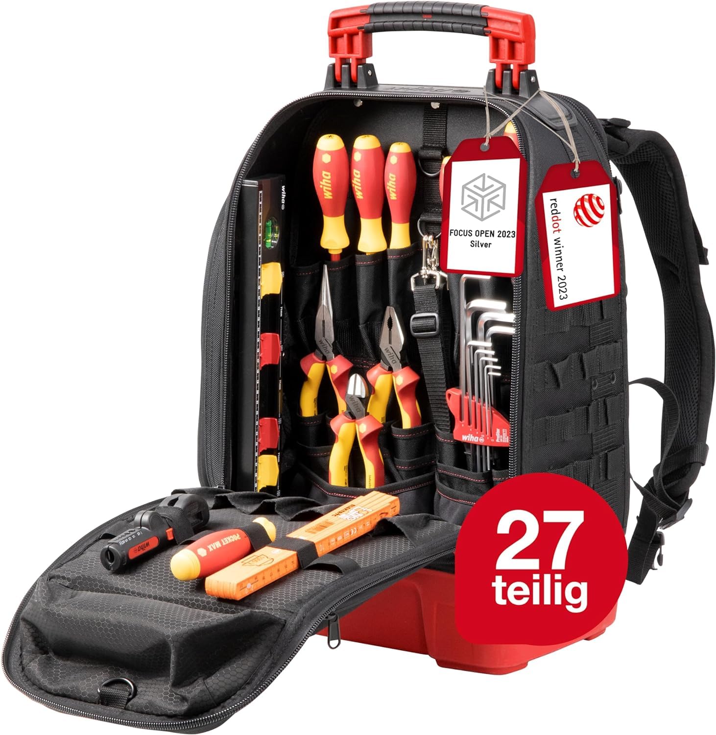 Wiha Elektriker Werkzeugrucksack 27-tlg. I mit Elektriker Grundausstattung I stabiler Standboden I mit Laptopfach I Taschen für Zubehör (45528) | (45528) Arbeitsrucksack I stabiler Standboden I mit Laptopfach I Taschen für Zubehör I Werkzeugtasche für Ele