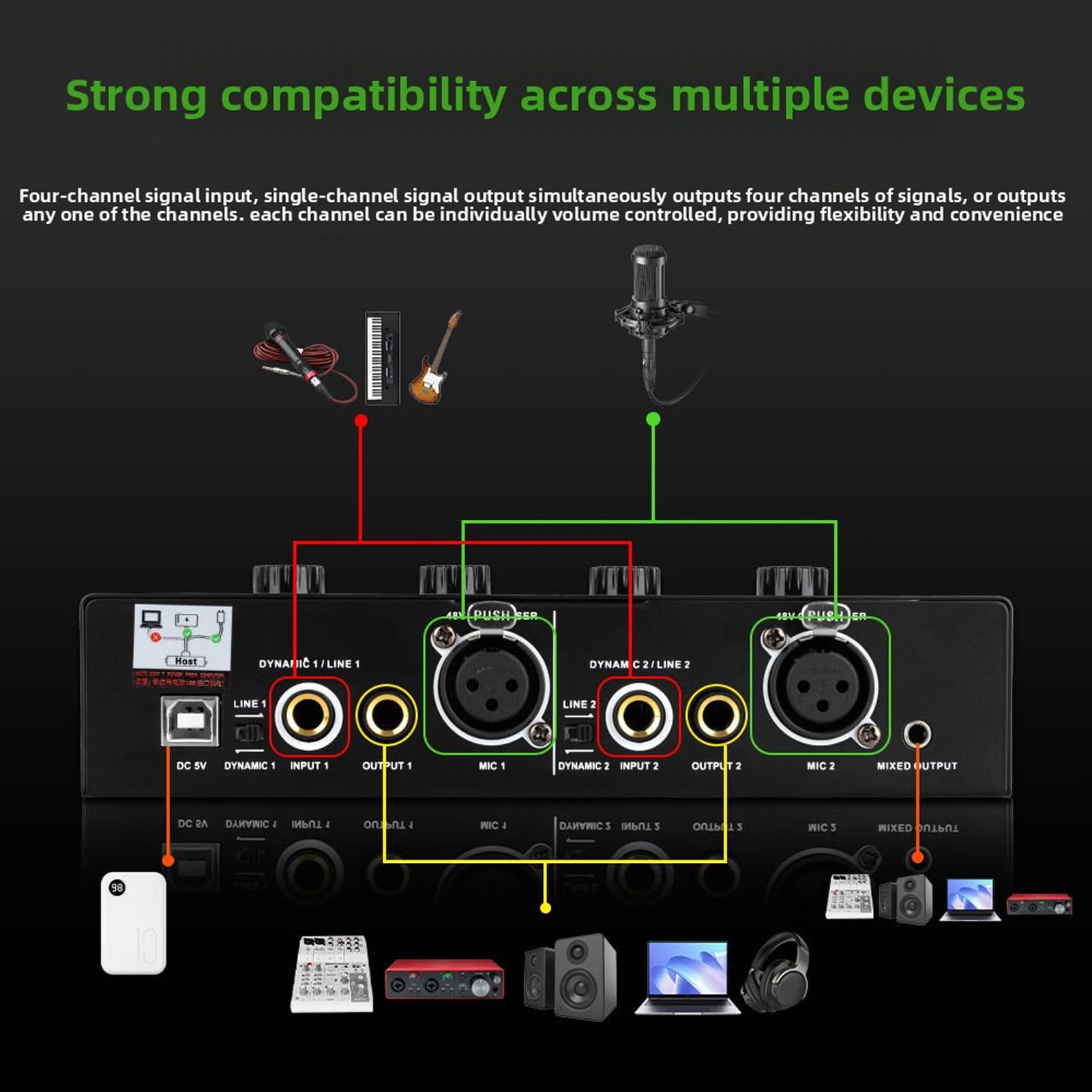 Asixxsix Alimentation Fantôme 2 Canaux 48 V, 4 Entrées Max 40 DB, Préampli de Microphone à Condensateur Dynamique avec Câble Audio 3,5 Mm 6,35 Mm pour D'enregistrement de Musique