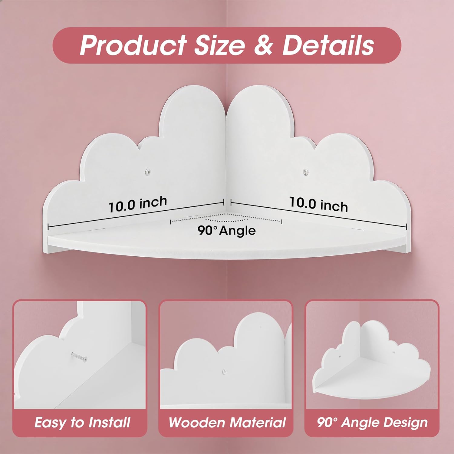 White Cloud Floating Corner Shelves Set of 3, Corner Shelves Wall Mounted for Kids Room Nursery, Cloud Decor Wall Shelf & Nubes para Decorar Cuarto Storage Shelves for Toys Plants