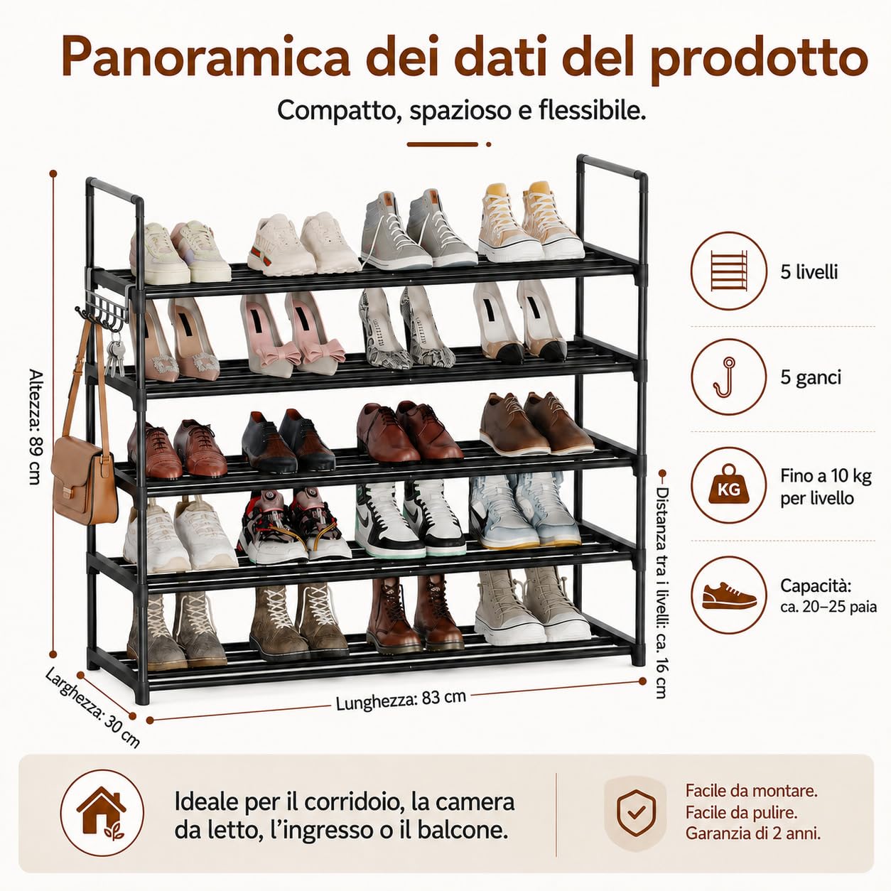 Scarpiera a 5 livelli, in metallo, scarpiera, organizer per scarpe, colore: nero, 5-TIER2