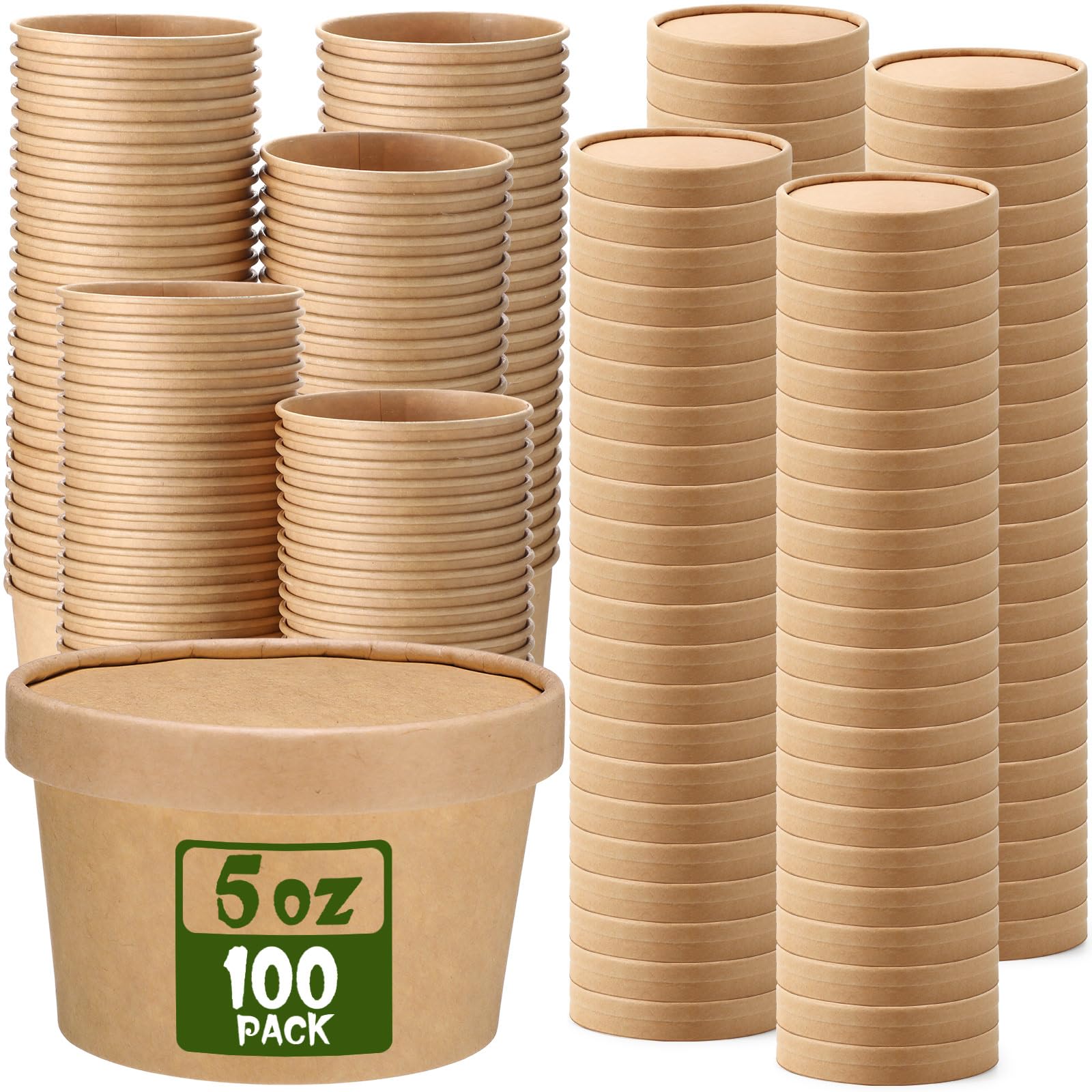 Photo 1 of Fulmoon 100 Pack Paper Soup Containers with Lids Disposable Paper Food Containers with Vented Lid Kraft Ice Cream Cake Dessert Cups Soup Bowl for Party Hot Food Fruit Microwave(5 oz,Brown)