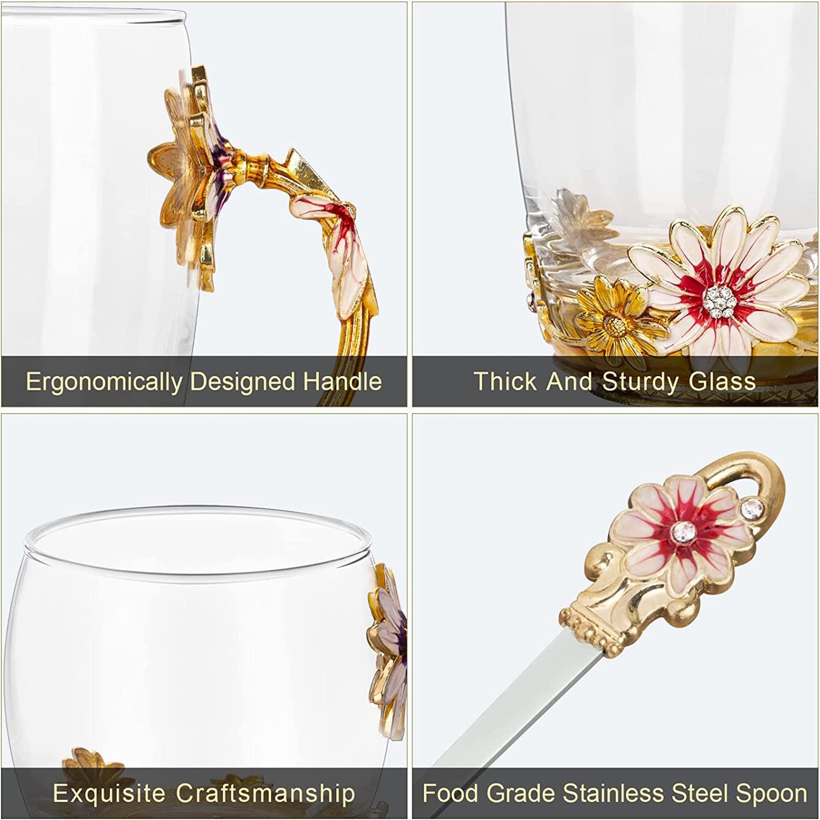 Emails Chrysantheme Glastasse, klare bleifreie Glas Kaffeebecher Teetasse mit Deckel Untersetzer und Stahl Löffel Set, für Weihnachten Geburtstag Emaille Blume Glasbecher(Green)