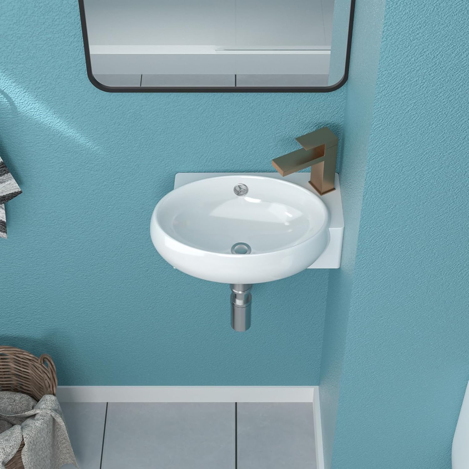 Wall Mount Vessel Sink Right Hand - 16 x 11 Inch Oval Bowl Rectangular Wall Hung Bathroom Sink Basin White Ceramic Porcelain Modern Floating Vessel Sink