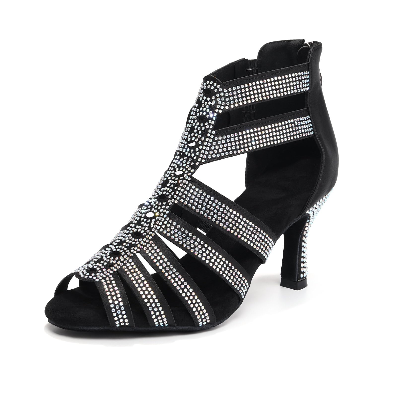 Latein Tanzstiefel Damen mit Strasssteinen Offene Zehe Salsa Tango Ballsaal Party Leistung Tanzschuhe mit Hohem Absatz 7 cm