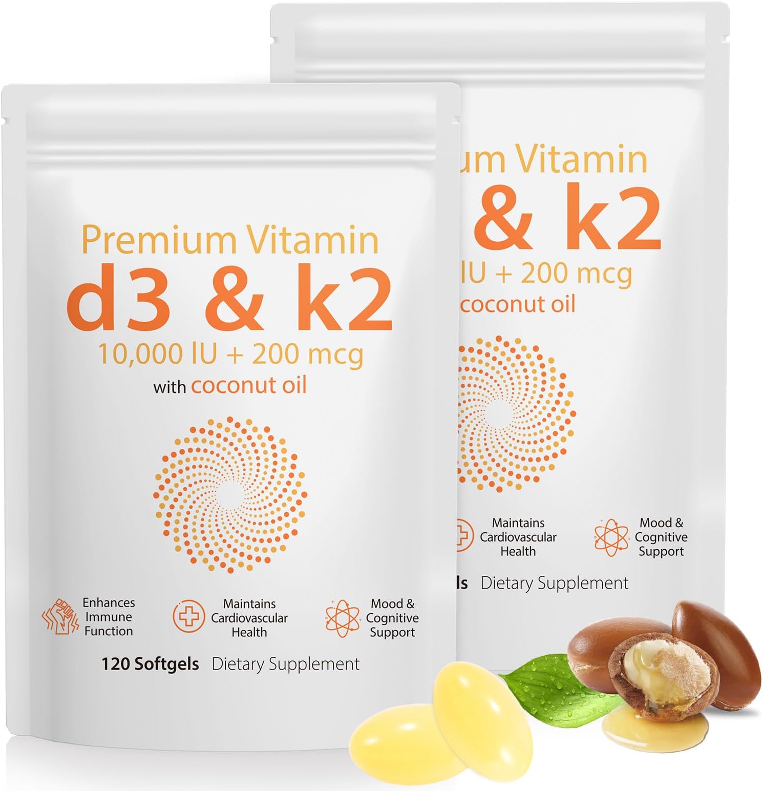 2 Packs Vitamin D3 & Vitamin K2 (MK-7) Softgels 240 High Strength VIT D3 K2 Supplement with Coconut Oil Supports Immune System and Bone Health - 8 Months Supply, Easy to Swallow