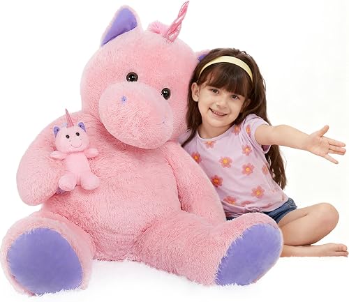 MorisMos Giant Pink Unicorn Stuffed Animal with Pony Plush Toy,39" Large Mama & Baby Stuffed Unicorn Toys Gift for Girl Boy Women Girlfriend,3ft Big Stuffed Animal for Baby Shower Birthday Party Decor