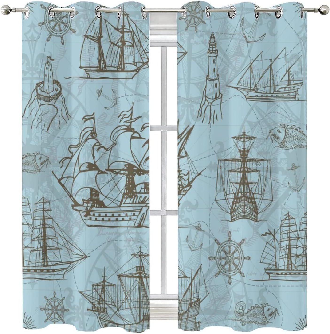 Vintage Nautical Curtains - Abstract Ocean Themed Old Sailboat Anchor Lighthouse Window Treatment Room Darkening Blackout Curtains Thermal Insulated Grommet Curtains for Bedroom 2 Panels 45L x 21W