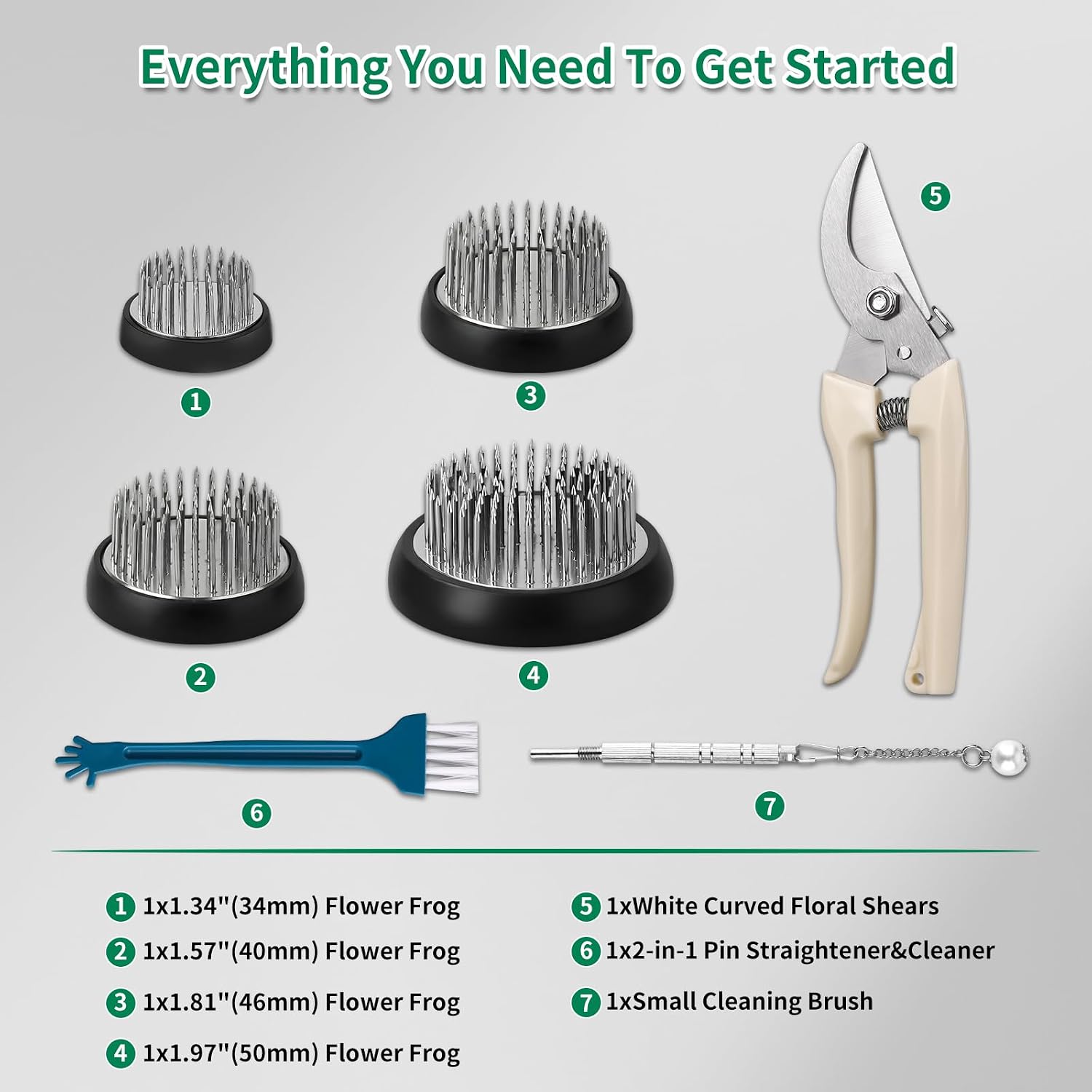 Fvbber 4 Pcs Flower Frog Ikebana Kenzan Set, Includes 4 Floral Frog Holders, Floral Shears, Pin Straightener and Brush, Stainless Steel Arrangement Tools for DIY Beginners and Florists, Silver