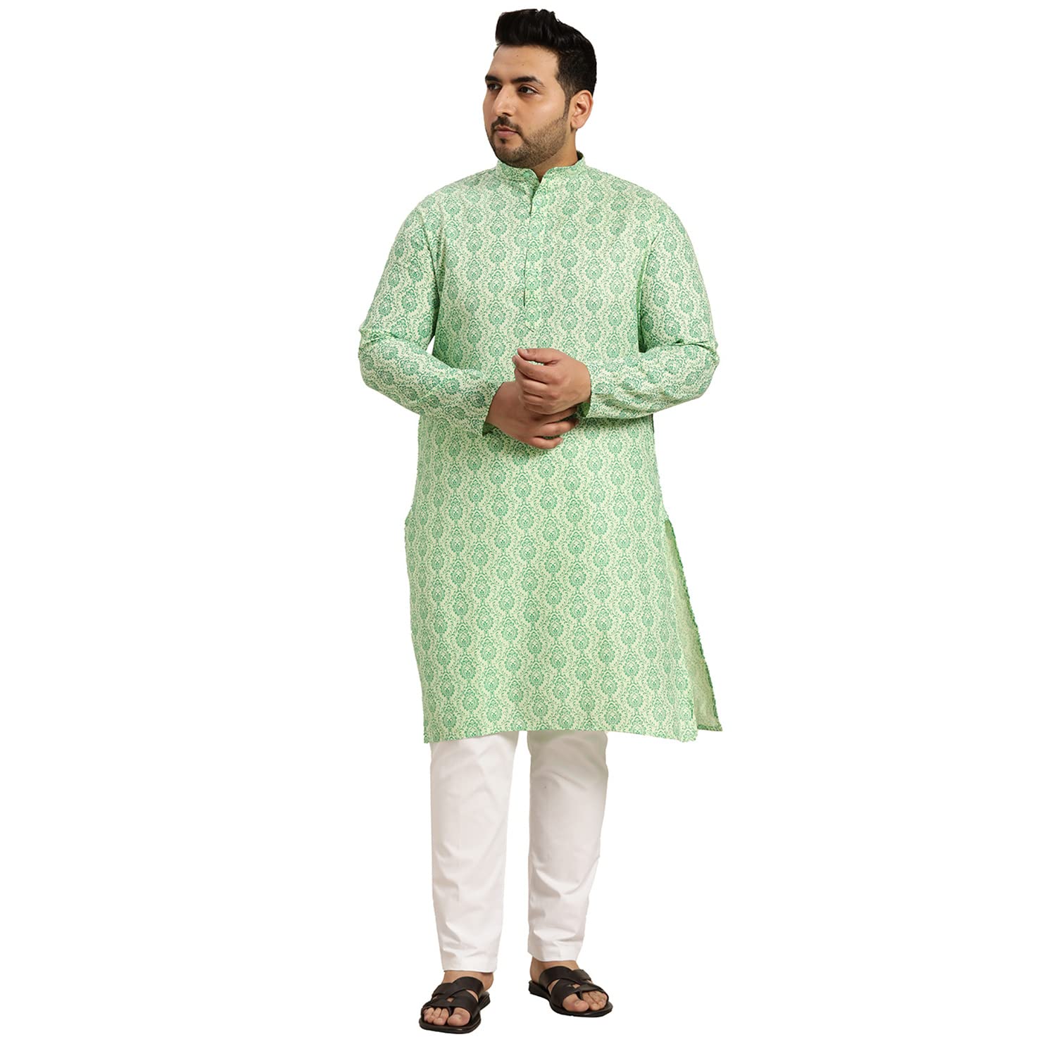 Sojanya Plus (Since 1958) Men's Cotton Blend Pista Green Printed Kurta And White Pyjama Set
