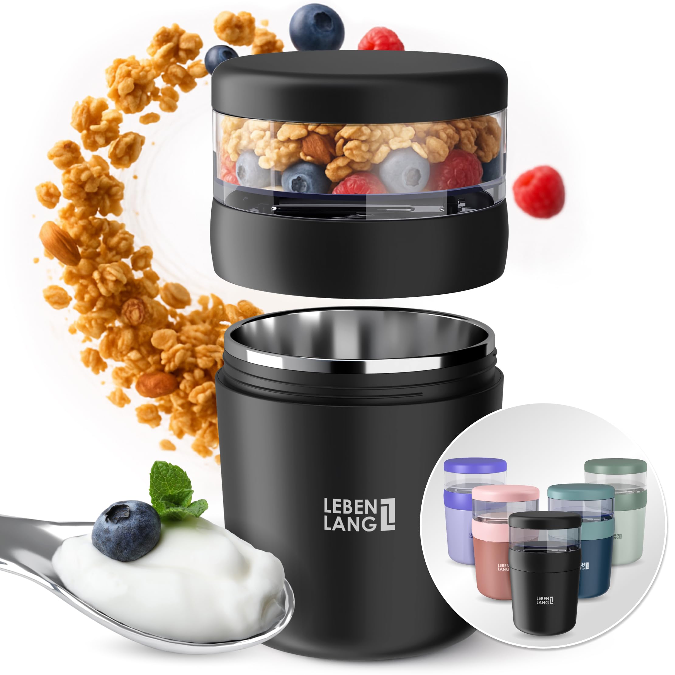 LEBENLANG Vaso Yogures & cereales para llevar con cuchara - 650ml