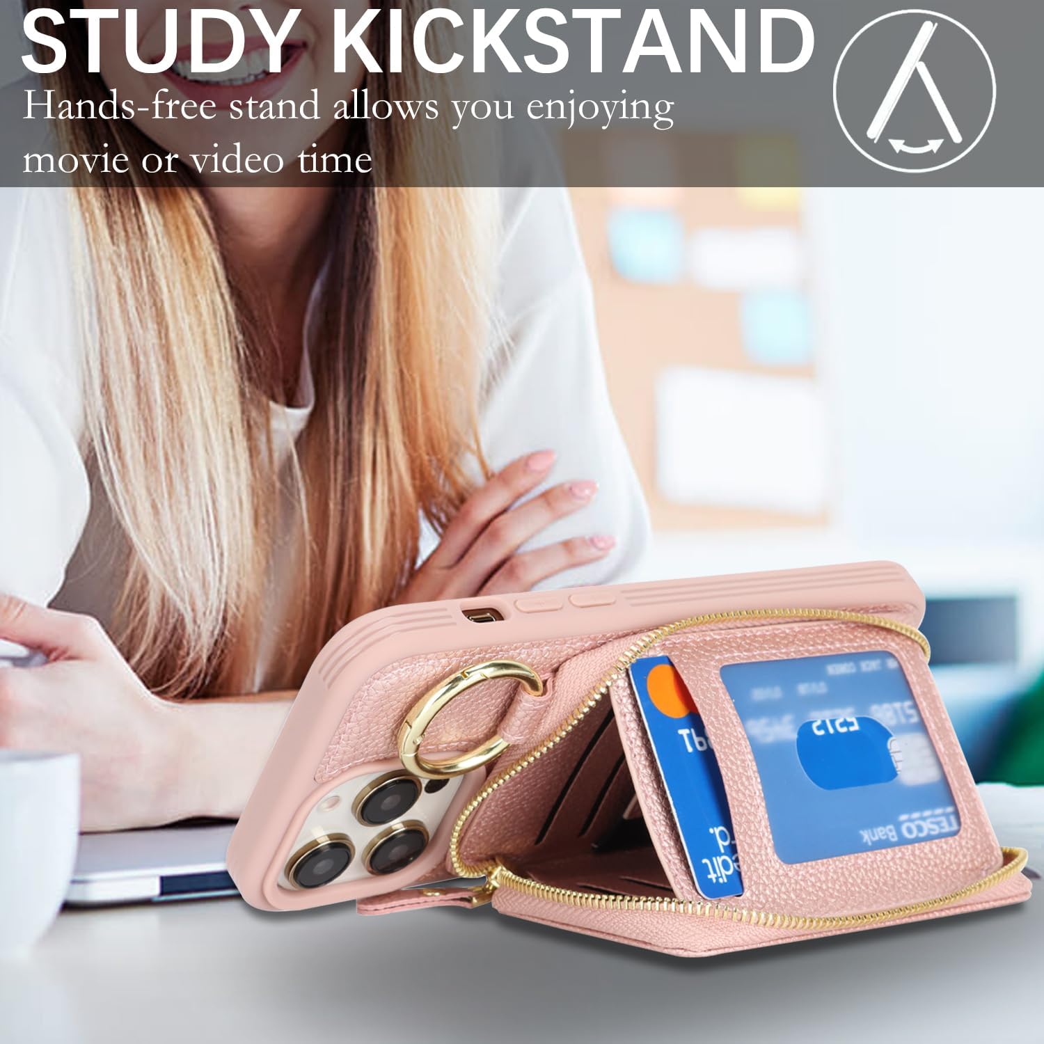 Compatible with iPhone 14 pro max Wallet Case with Card Holder,for iPhone 14 pro max Phone case Wallet with Zipper with Slot Kickstand Stand Case for Women 5G 6.7 Inch-Rose Gold