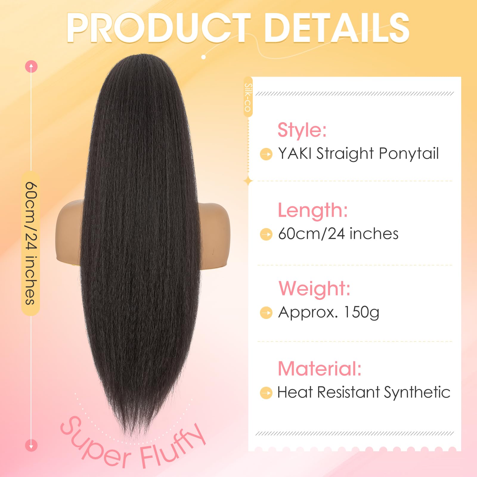 Silk-co Yaki Hair Ponytail Drawstring Ponytail for Black Women Yaki Straight Ponytail Hair Extension Long Thick Pony Tail Clip in Synthetic Hairpiece 24 Inch(60 cm-150g) Dark Brown - Image 2