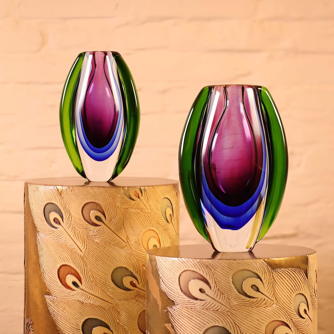 Luxury Lane Hand Blown Sommerso Oval Art Glass Vase for Decor Centerpiece Table Decoration Purple 8.5 inch Tall