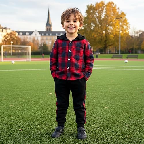 Miniatura 3 de Ropa para bebés y niños pequeños, conjuntos de otoño e invierno, con botones, camisa a cuadros con capucha y pantalones