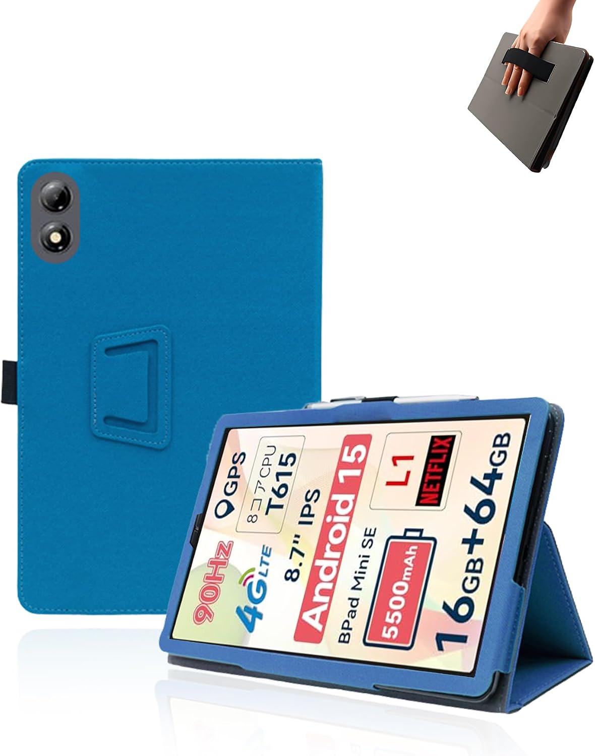 Case for BNCF Bpad Mini SE Android 15 Tablet 8.7 inch Tablets,8.7 inch Tablet,UYRUREL Leather Slim Folding Stand Cover with Hand Strap Magnet for Men Women Full Protection,SkyBlue.