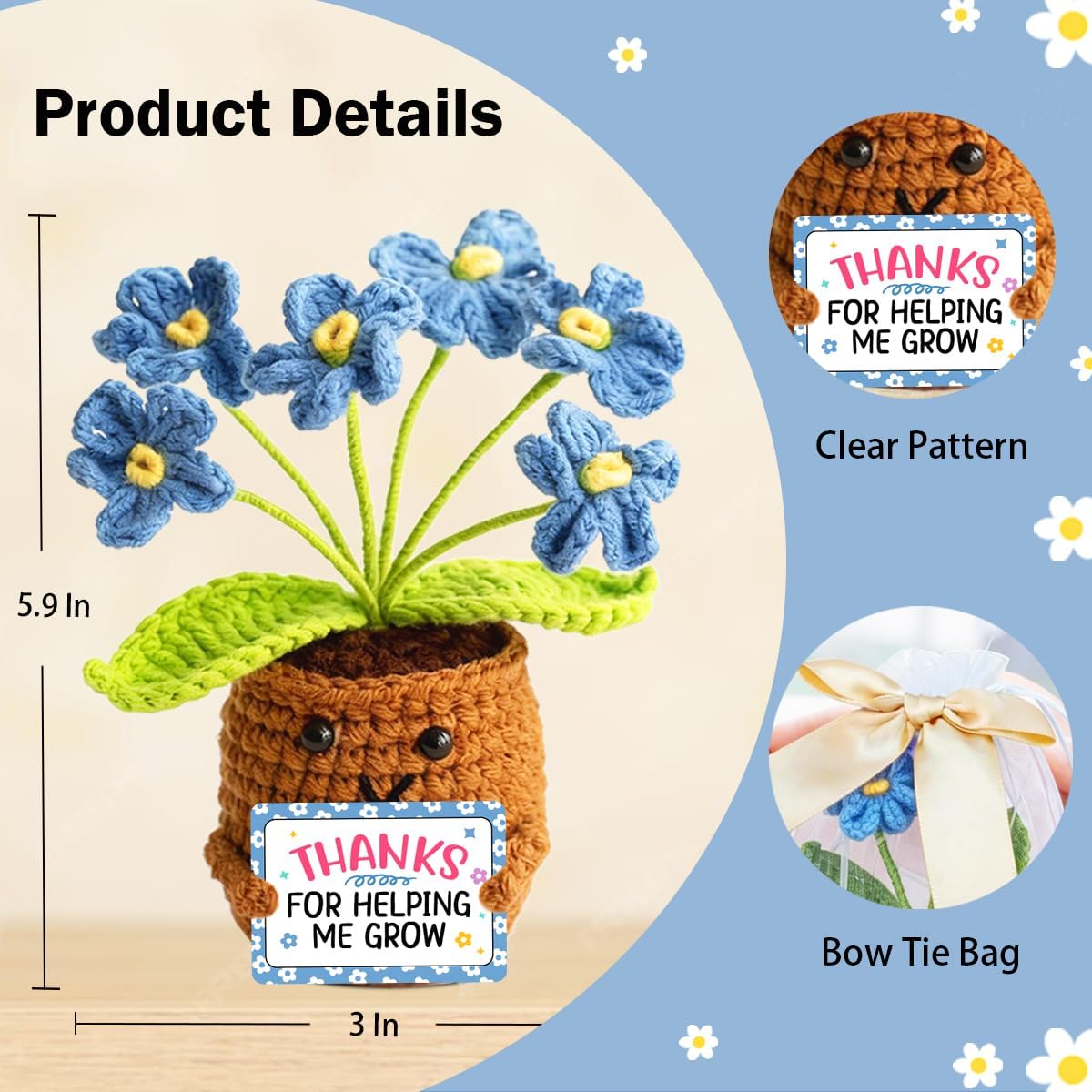 SDSRUDFBO Thank You Gifts for Teachers,Crocheted Forget‑Me‑Not Potted Plant image 2