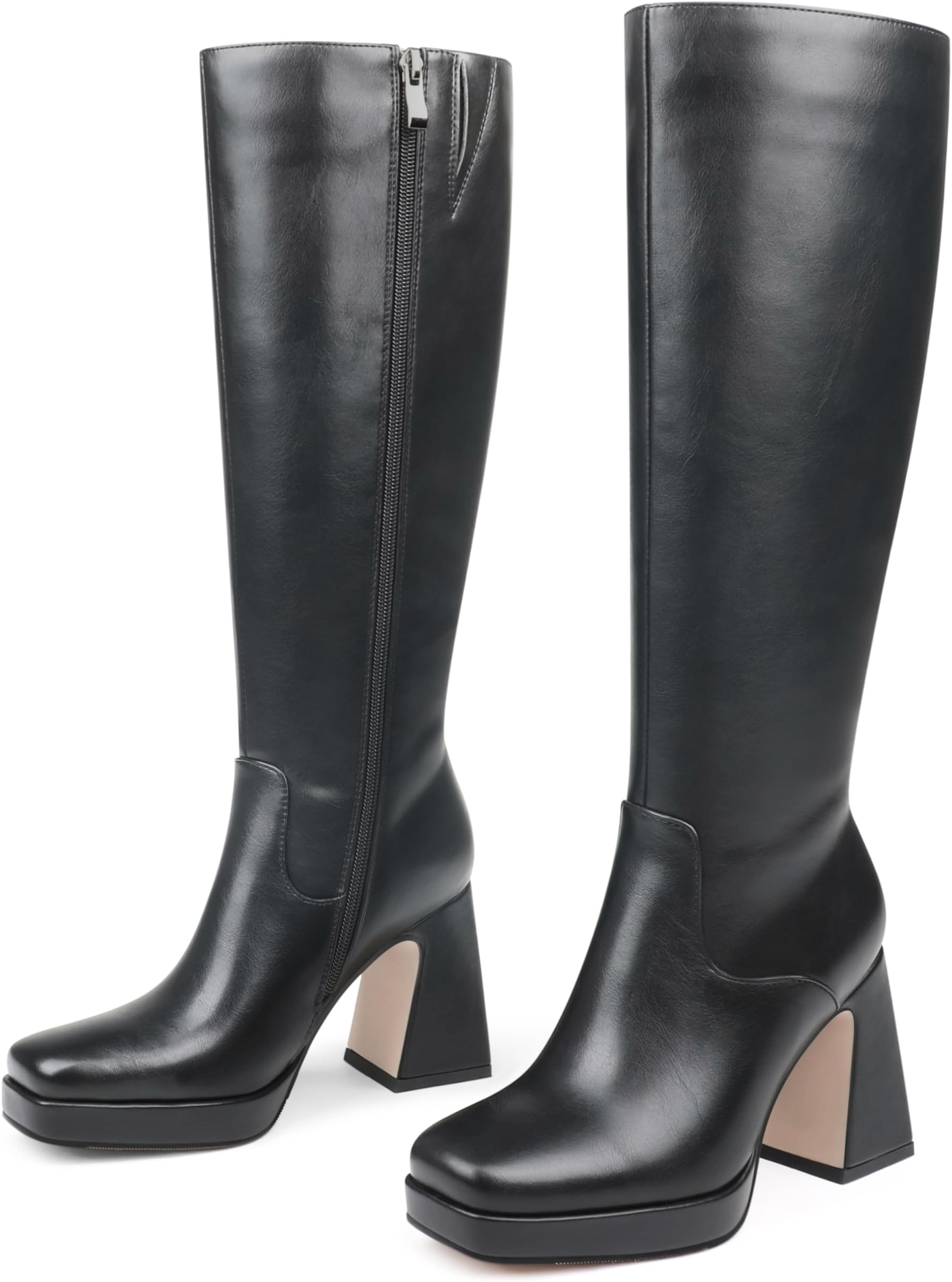 Women's Knee High Boots Square Toe Chunky Heel Platform Long Boots Side Zipper Winter Fashion Gogo Dress Boots