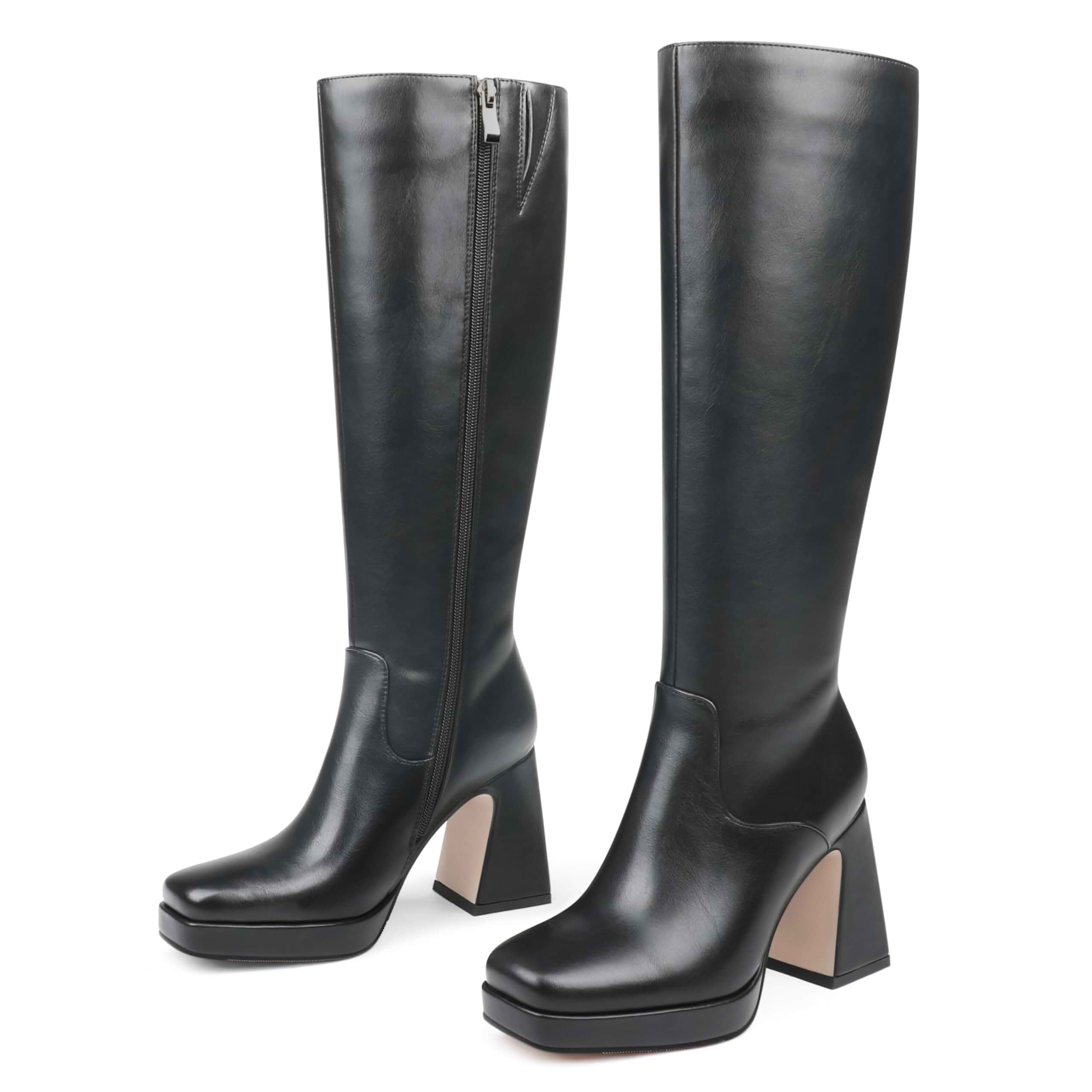 COLETER Women's Knee High Boots Pointed Toe Chunky Block Heel Gogo Boots Smooth Faux Leather, Side Zipper, Fashion Dress Boots, Fall Winter Tall Boots