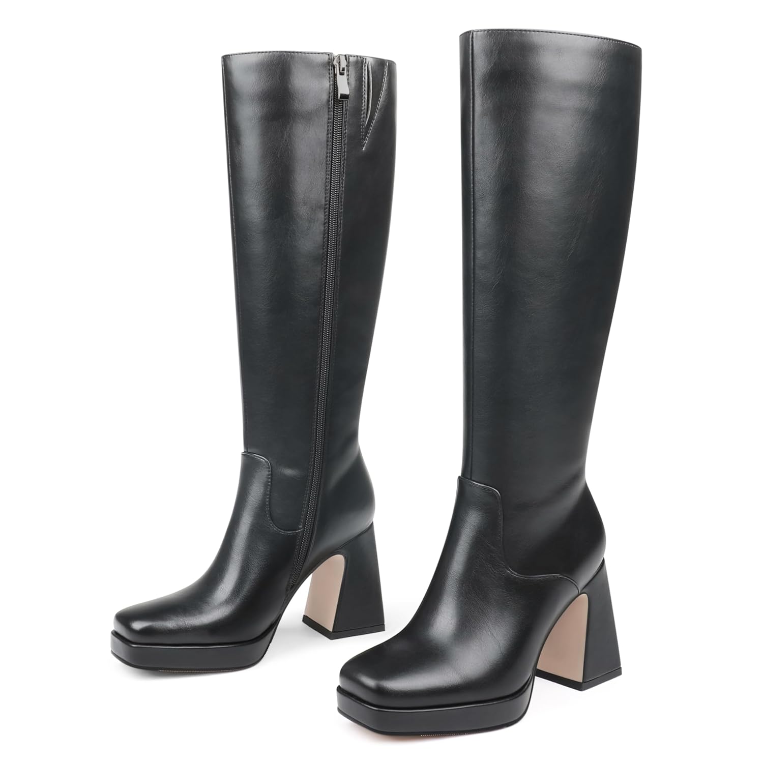 COLETER Womens Knee High Boots Square Toe Chunky Heel Platform Long Boots Side Zipper Winter Fashion Gogo Dress