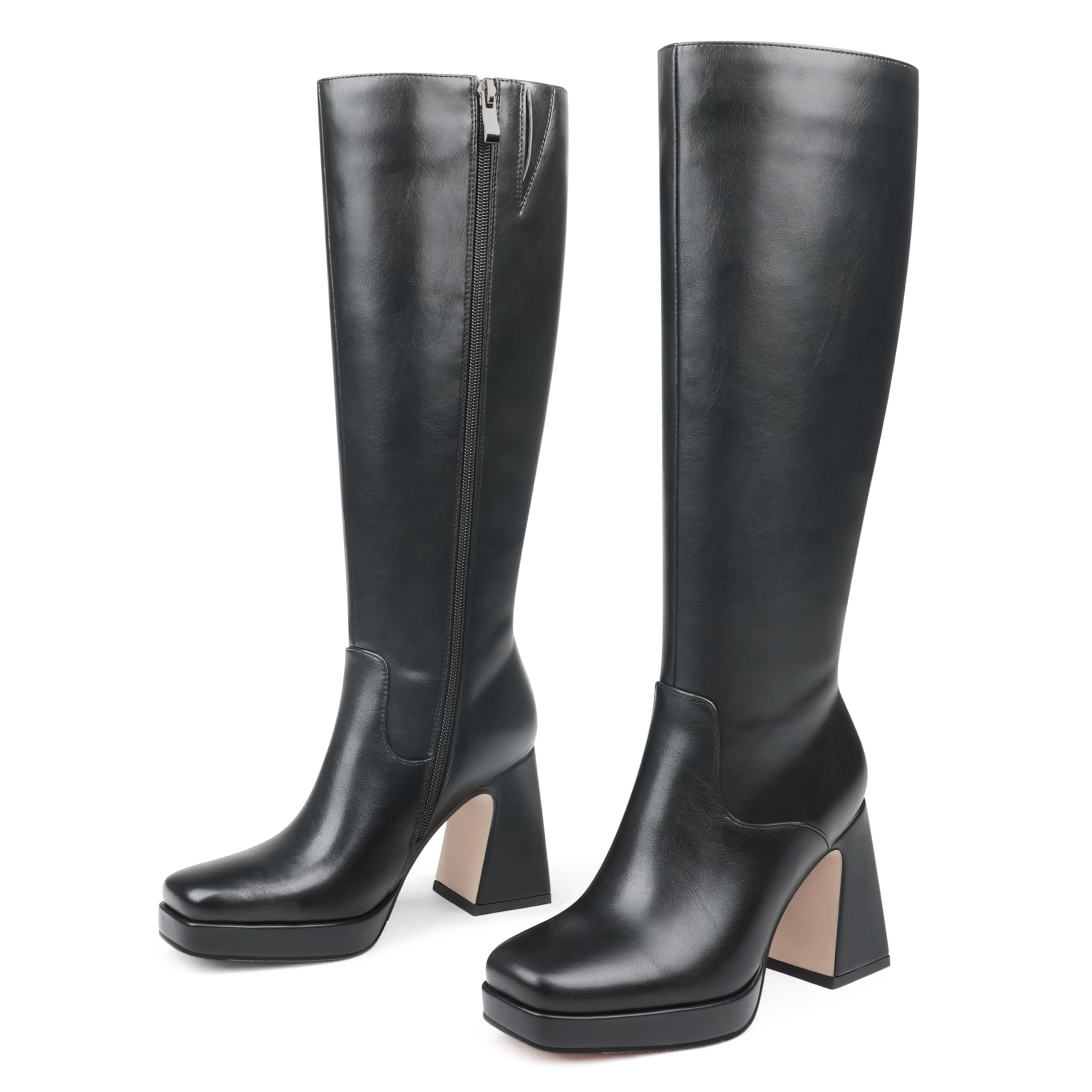 Women's Knee High Boots Square Toe Chunky Heel Platform Long Boots Side Zipper Winter Fashion Gogo Dress Boots