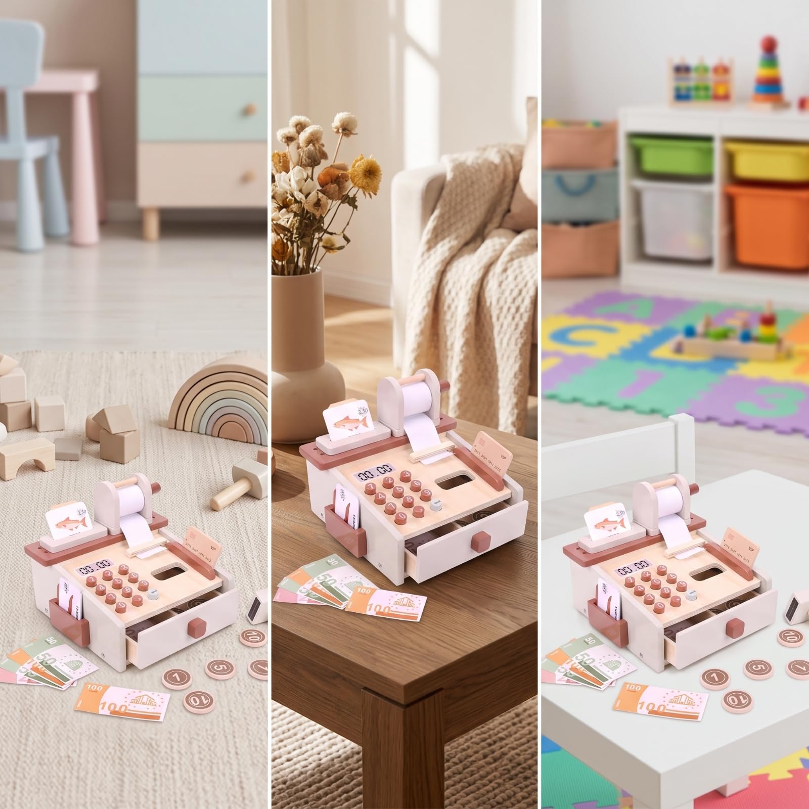 Cassa Giocattolo Bambini Cassa Registratrice Gioco Registratore Finto Set Supermercato Educativo in Legno con Cassetto Tasti Display Rullo Scontrino