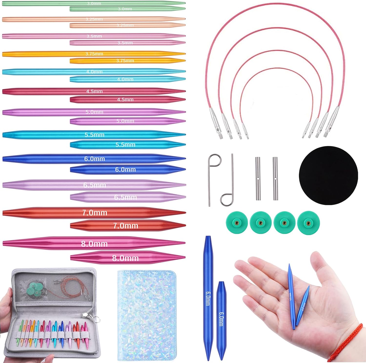 Weabetfu Circular Knitting Needles Set with Case 12 Pairs Interchangeable Aluminum Circle Needles with 4 Flexible Cables 3mm-8mm,Short Circular Needles