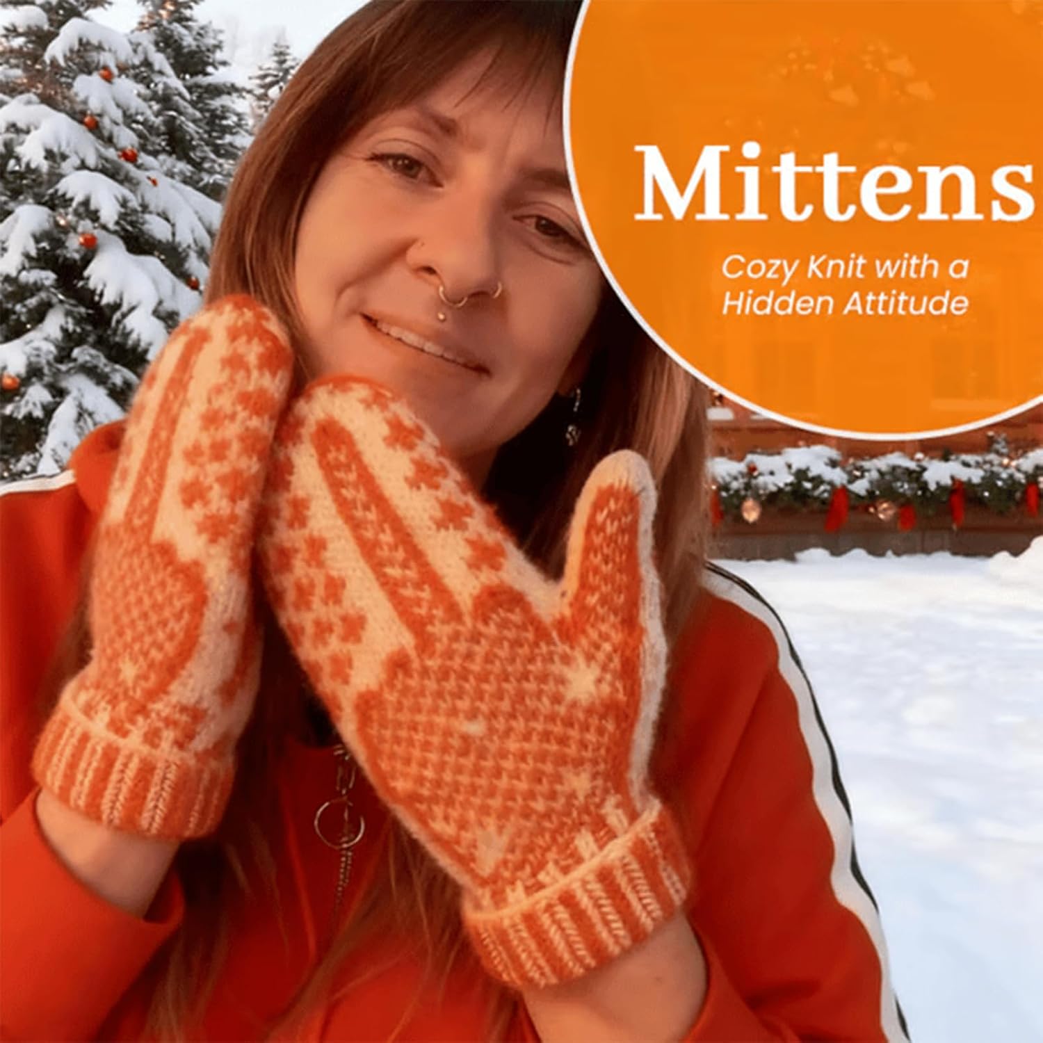Knit Gloves - Warm Orange Thermal Mittens for Running Dog Walking Hiking Sports Snow Camping Outdoor Cold Weather | Soft Acrylic Fabric Stretchy Breathable Windproof Winter Hand Protection